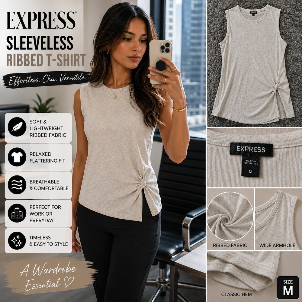 Express Womens Sleeveless Ribbed Side Knot Twist T-Shirt Oatmeal Heather Medium